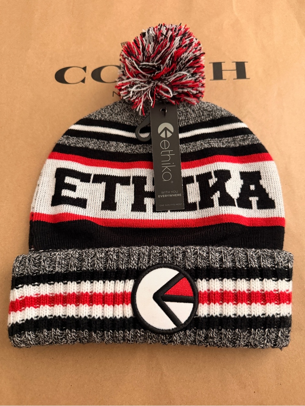 Ethika Striped Pom Beanie in Red Black Gray NWT